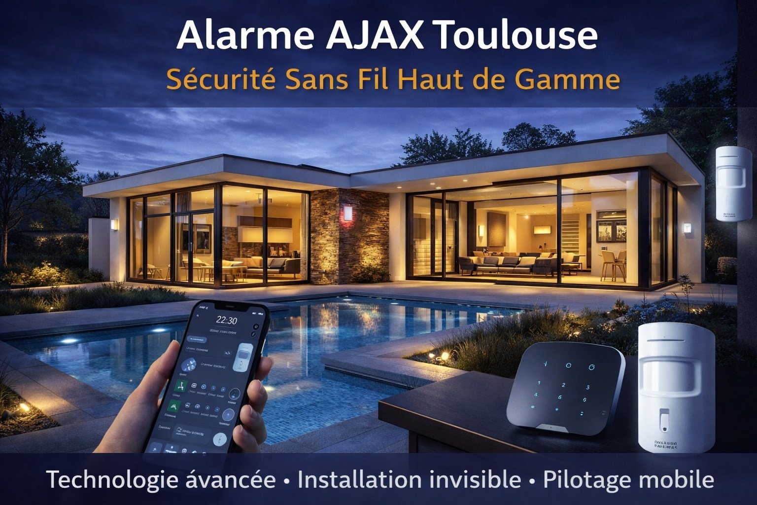 Installation alarme AJAX Toulouse sur villa moderne avec système de sécurité sans fil, détecteurs et contrôle via smartphone