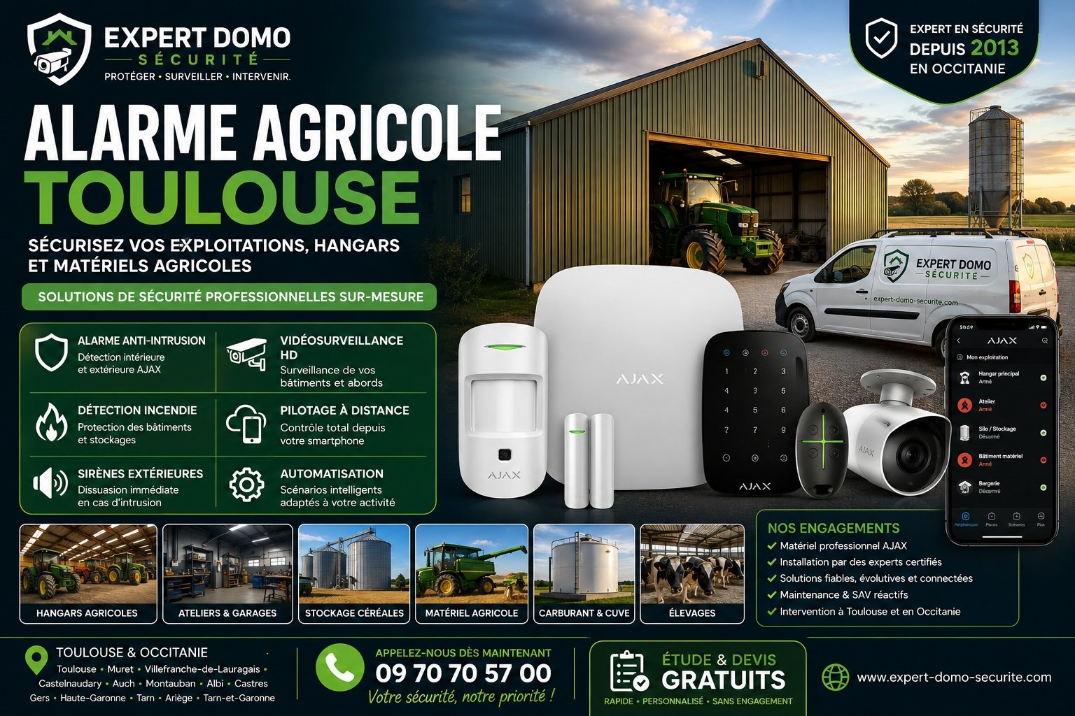 Alarme agricole Toulouse avec système AJAX pour sécuriser hangars agricoles, tracteurs, matériels agricoles, cuves de carburant et bâtiments d'exploitation en Occitanie
