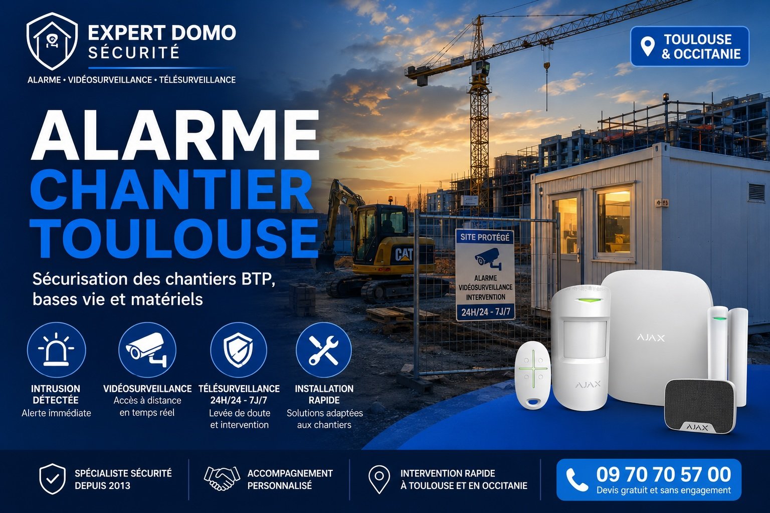 Alarme chantier Toulouse avec système AJAX pour protéger les bases vie, conteneurs, engins BTP, matériels de chantier et zones de stockage en Occitanie.