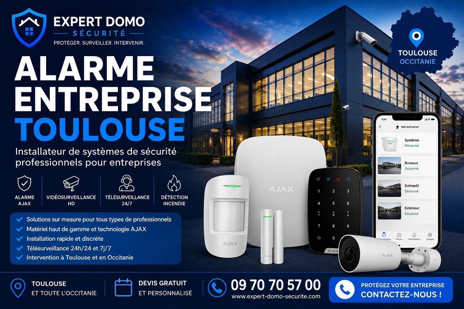 Alarme entreprise Toulouse avec système AJAX, vidéosurveillance professionnelle et télésurveillance installés par Expert Domo Sécurité