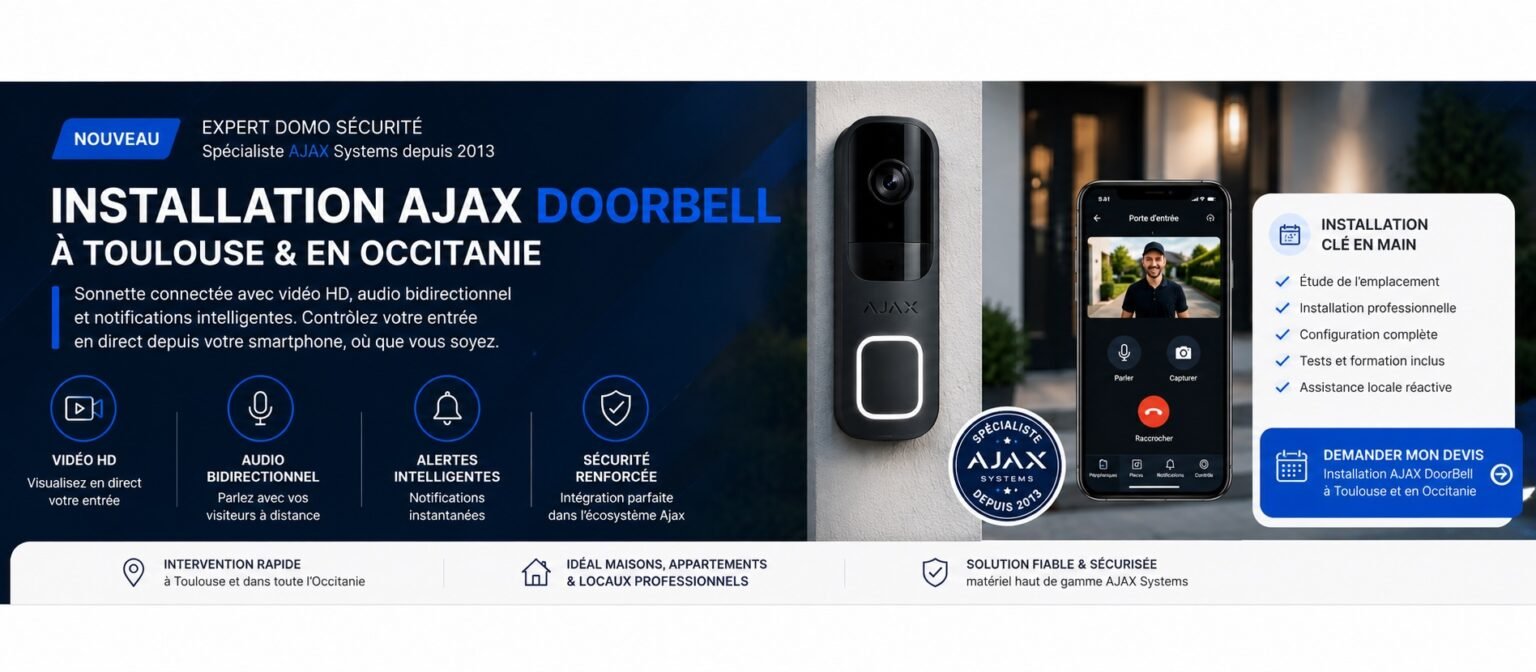 Installation AJAX DoorBell à Toulouse par Expert Domo Sécurité - Sonnette connectée AJAX avec vidéo HD, audio bidirectionnel et notifications intelligentes