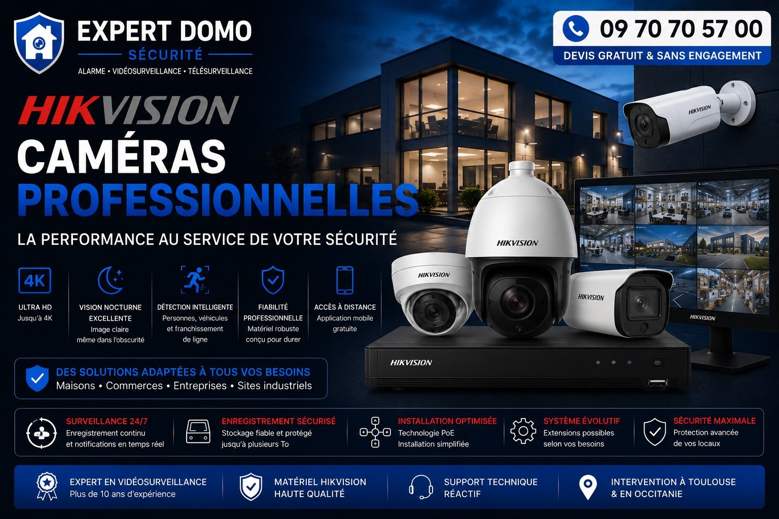 Caméras Hikvision professionnelles avec vidéosurveillance 4K, vision nocturne, intelligence artificielle et accès à distance sur smartphone