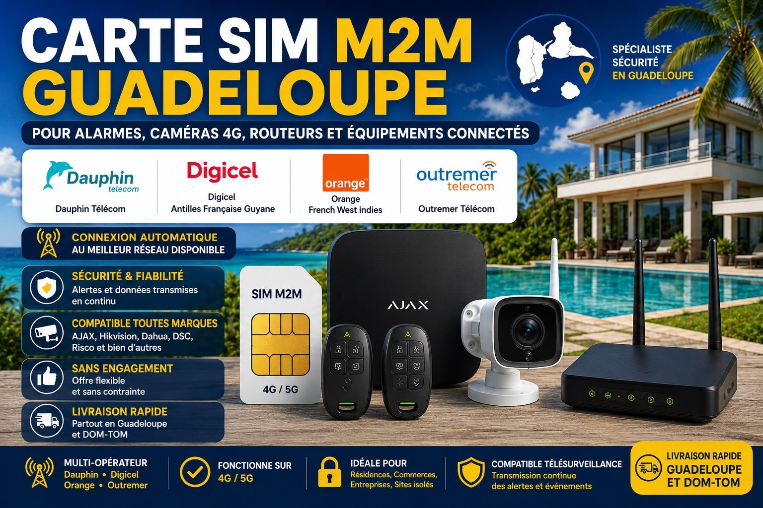 Carte SIM M2M Guadeloupe multi-opérateur compatible alarmes AJAX, caméras 4G, routeurs 4G et équipements connectés avec couverture Dauphin Télécom, Digicel, Orange et Outremer Télécom.