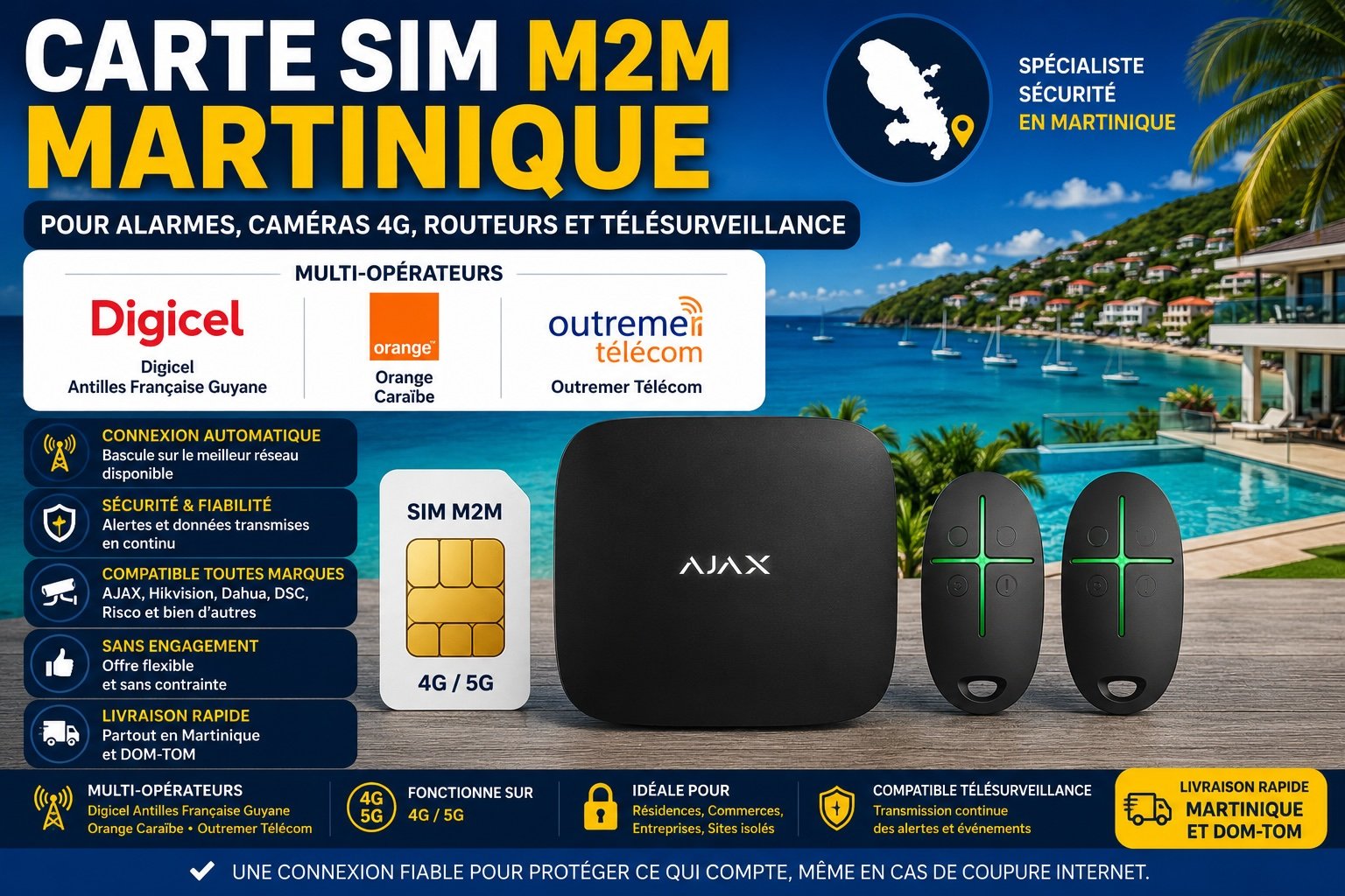 Carte SIM M2M Martinique multi-opérateur pour alarme AJAX, caméra 4G, routeur 4G et télésurveillance avec Digicel, Orange Caraïbe et Outremer Télécom.