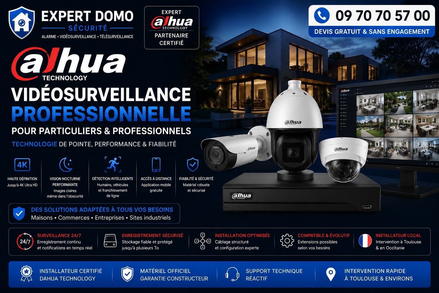 Installation de caméras Dahua à Toulouse avec vidéosurveillance 4K, détection intelligente, vision nocturne et accès à distance sur smartphone