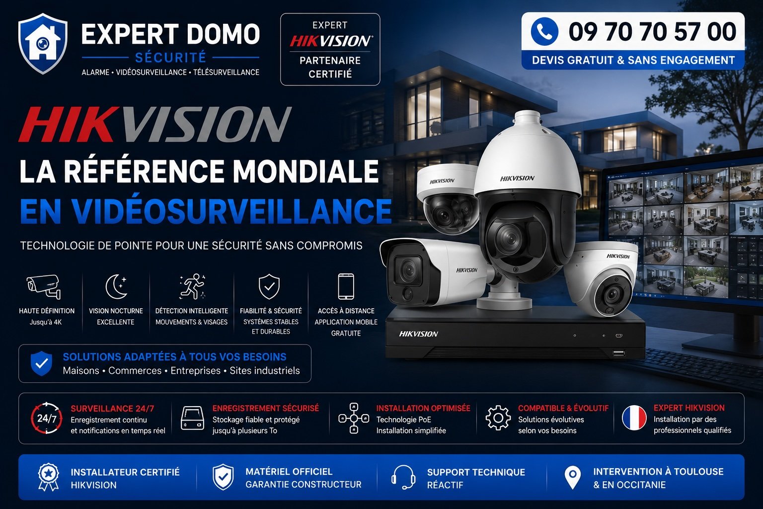 Installation de caméras Hikvision à Toulouse avec vidéosurveillance 4K, détection intelligente, vision nocturne et enregistrement sécurisé