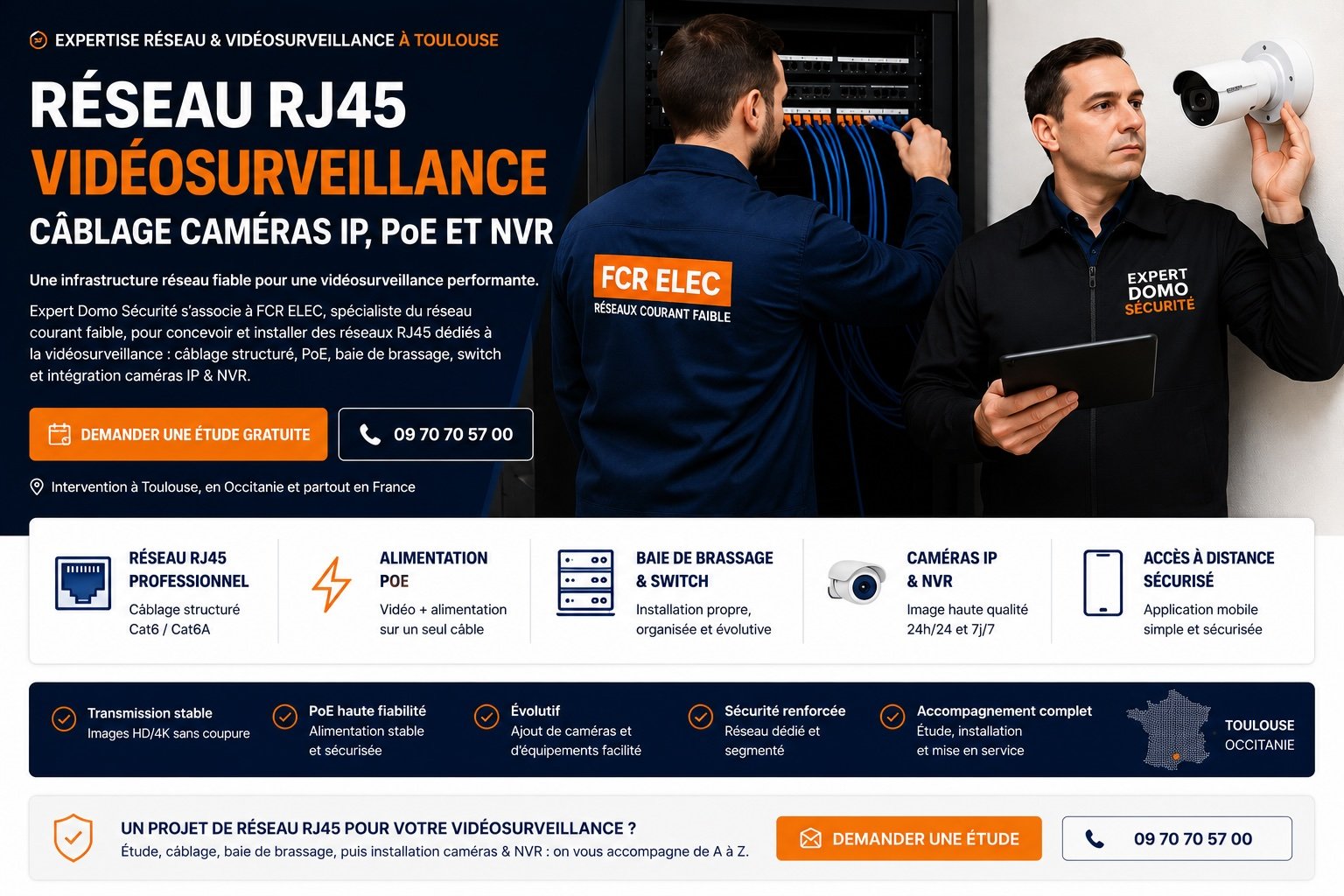 Installation réseau RJ45 vidéosurveillance Toulouse avec câblage Cat6, PoE, NVR et caméras IP