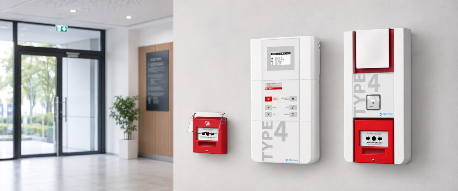 Équipements Neutronic pour système d’alarme incendie professionnel installés dans un bâtiment